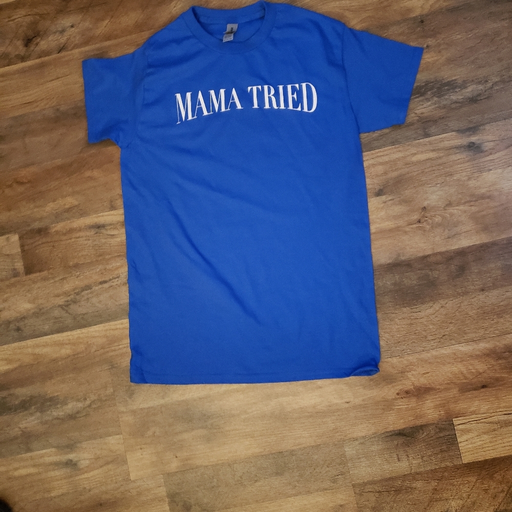 Blue. Small. Tshirt. Cotton. Mama tried